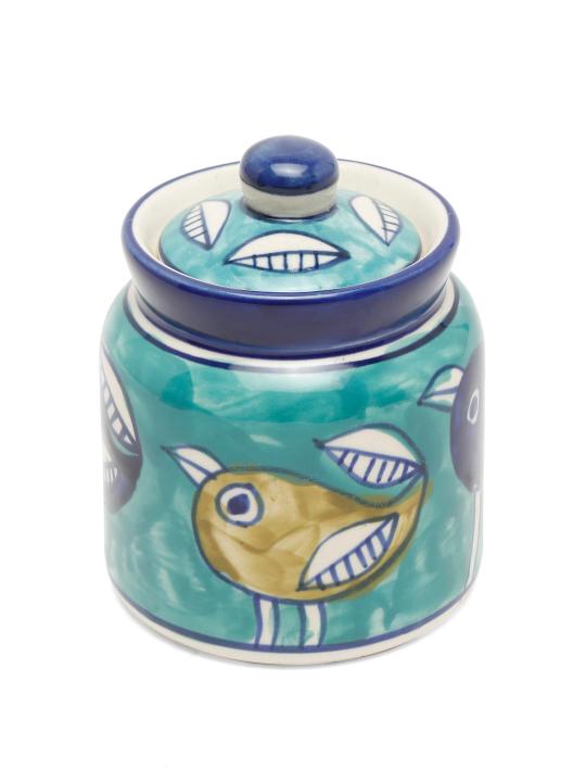 Shilpkara Feathered Sparrows Handpainted Multipurpose Storage Ceramic Jars & Containers with Wooden Stand (Non-Airtight, Set of 2) - Ceramic Jars for Kitchen Storage Snacks Jar