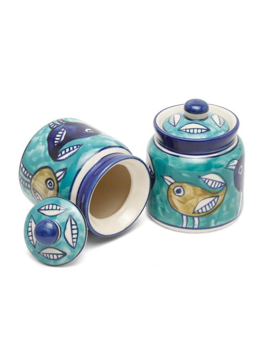 Shilpkara Feathered Sparrows Handpainted Multipurpose Storage Ceramic Jars & Containers with Wooden Stand (Non-Airtight, Set of 2) - Ceramic Jars for Kitchen Storage Snacks Jar