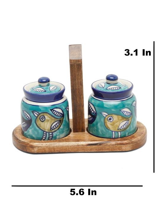 Shilpkara Feathered Sparrows Handpainted Multipurpose Storage Ceramic Jars & Containers with Wooden Stand (Non-Airtight, Set of 2) - Ceramic Jars for Kitchen Storage Snacks Jar