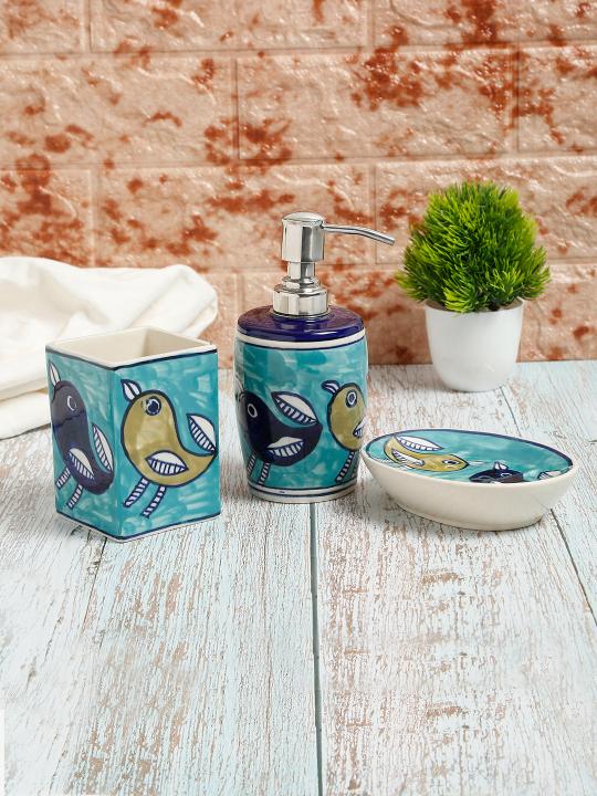 Shilpkara Feathered Sparrows Handpainted Ceramic Bathroom Accessories Set for Home Bathroom Set of 3 (Liquid Soap Dispenser, Soap Dish, Toothbrush Holder)