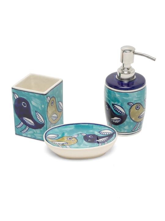 Shilpkara Feathered Sparrows Handpainted Ceramic Bathroom Accessories Set for Home Bathroom Set of 3 (Liquid Soap Dispenser, Soap Dish, Toothbrush Holder)