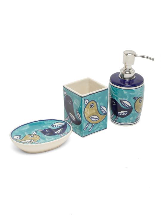 Shilpkara Feathered Sparrows Handpainted Ceramic Bathroom Accessories Set for Home Bathroom Set of 3 (Liquid Soap Dispenser, Soap Dish, Toothbrush Holder)