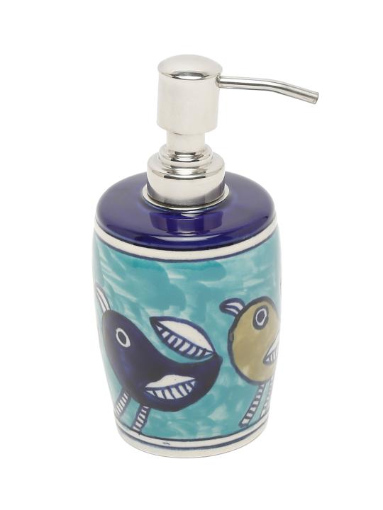 Shilpkara Feathered Sparrows Handpainted Ceramic Bathroom Accessories Set for Home Bathroom Set of 3 (Liquid Soap Dispenser, Soap Dish, Toothbrush Holder)