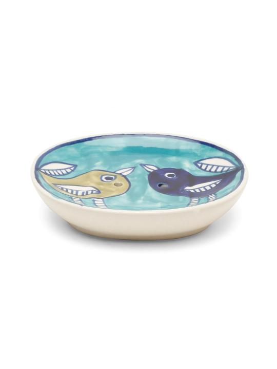 Shilpkara Feathered Sparrows Handpainted Ceramic Bathroom Accessories Set for Home Bathroom Set of 3 (Liquid Soap Dispenser, Soap Dish, Toothbrush Holder)