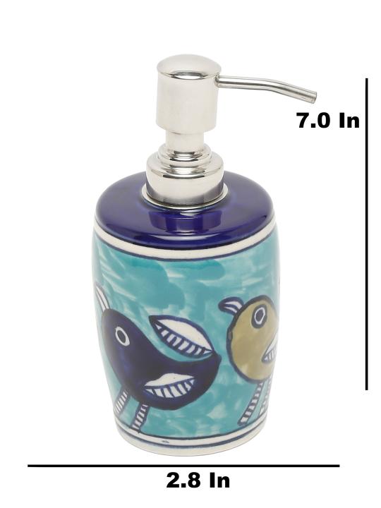 Shilpkara Feathered Sparrows Handpainted Ceramic Bathroom Accessories Set for Home Bathroom Set of 3 (Liquid Soap Dispenser, Soap Dish, Toothbrush Holder)