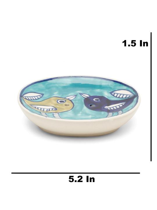 Shilpkara Feathered Sparrows Handpainted Ceramic Bathroom Accessories Set for Home Bathroom Set of 3 (Liquid Soap Dispenser, Soap Dish, Toothbrush Holder)