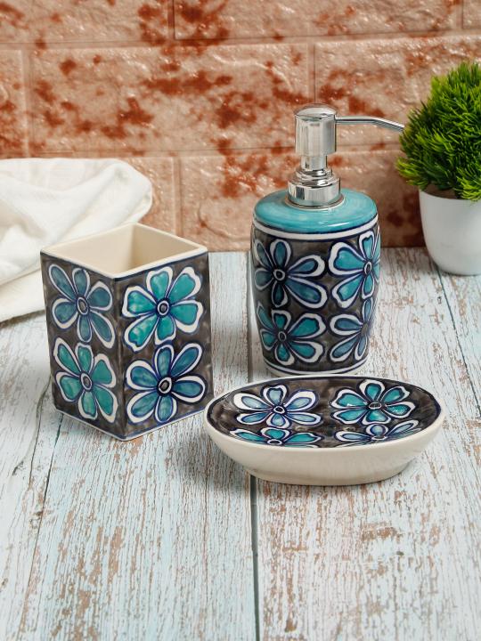 Shilpkara Ethnic Lily Handpainted Ceramic Bathroom Accessories Set for Home Bathroom Set of 3 (Liquid Soap Dispenser, Soap Dish, Toothbrush Holder)