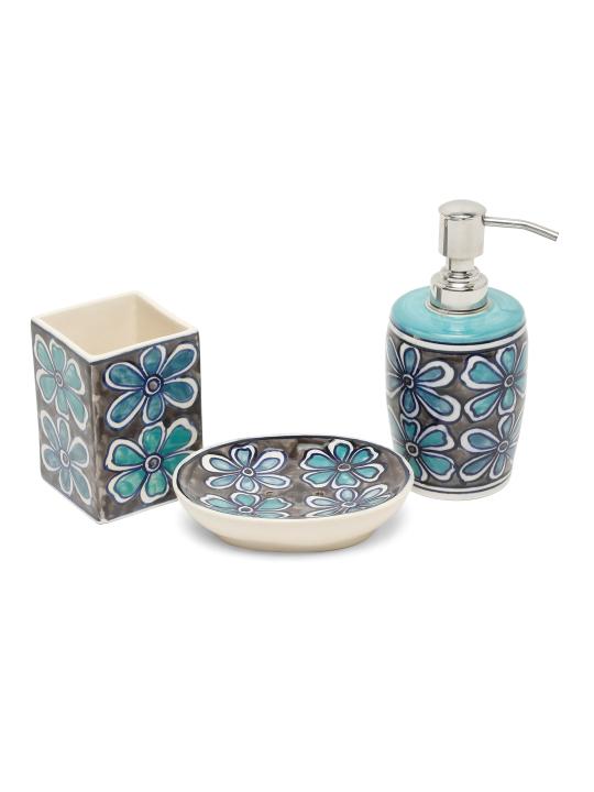 Shilpkara Ethnic Lily Handpainted Ceramic Bathroom Accessories Set for Home Bathroom Set of 3 (Liquid Soap Dispenser, Soap Dish, Toothbrush Holder)