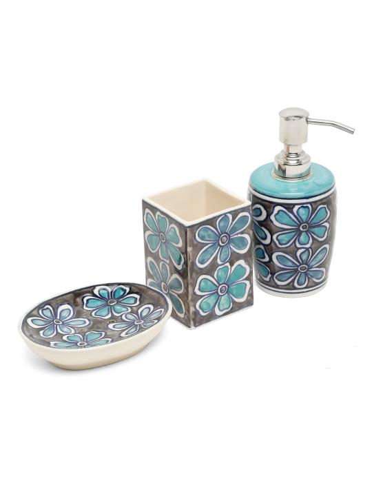 Shilpkara Ethnic Lily Handpainted Ceramic Bathroom Accessories Set for Home Bathroom Set of 3 (Liquid Soap Dispenser, Soap Dish, Toothbrush Holder)