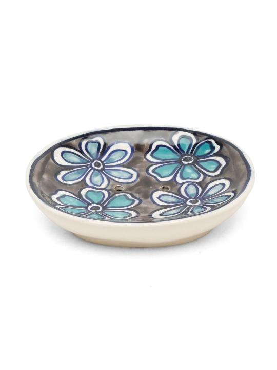 Shilpkara Ethnic Lily Handpainted Ceramic Bathroom Accessories Set for Home Bathroom Set of 3 (Liquid Soap Dispenser, Soap Dish, Toothbrush Holder)