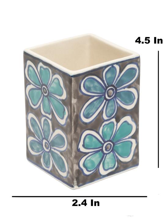 Shilpkara Ethnic Lily Handpainted Ceramic Bathroom Accessories Set for Home Bathroom Set of 3 (Liquid Soap Dispenser, Soap Dish, Toothbrush Holder)