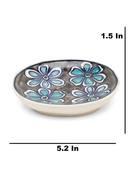 Shilpkara Ethnic Lily Handpainted Ceramic Bathroom Accessories Set for Home Bathroom Set of 3 (Liquid Soap Dispenser, Soap Dish, Toothbrush Holder)
