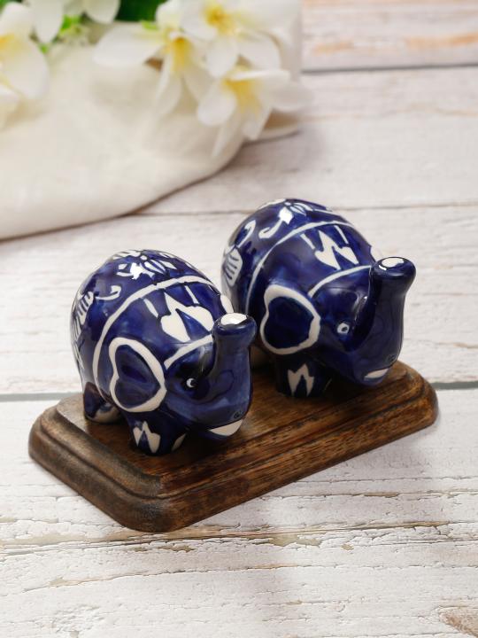 Shilpkara Twin Elephant Shaped Handpainted Ceramic Salt Pepper Set for Dining Table Salt and Pepper Shakers (Set of 2, 50 ML)