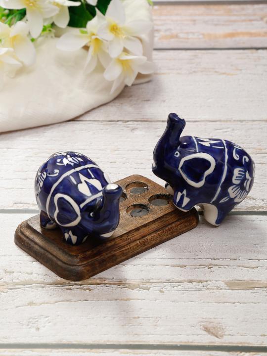 Shilpkara Twin Elephant Shaped Handpainted Ceramic Salt Pepper Set for Dining Table Salt and Pepper Shakers (Set of 2, 50 ML)