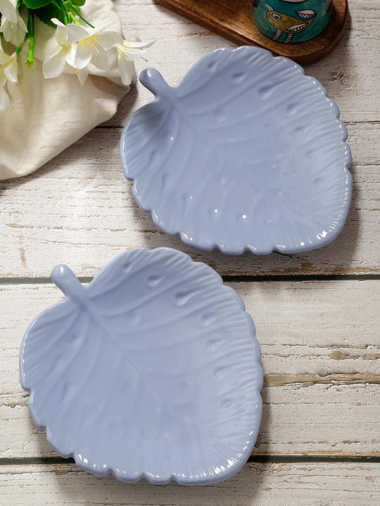 Shilpkara The Leaf Shade Handcrafted Apetizer Chip-N-Dip Snacks Serving Ceramic Platter for Dining Table (Set of 2, Microwave Safe, Dishwasher Safe)