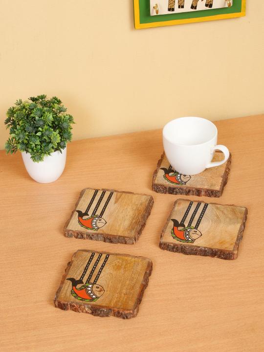 Shilpkara 'Madhubani Fish Square' Coasters for Office in Mango Wood (Set of 4) - Tea Coasters for Dining Table Accessories for Home Coasters for Cups Wooden Costers Set Table Coasters for Glasses