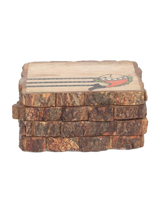 Shilpkara 'Madhubani Fish Square' Coasters for Office in Mango Wood (Set of 4) - Tea Coasters for Dining Table Accessories for Home Coasters for Cups Wooden Costers Set Table Coasters for Glasses