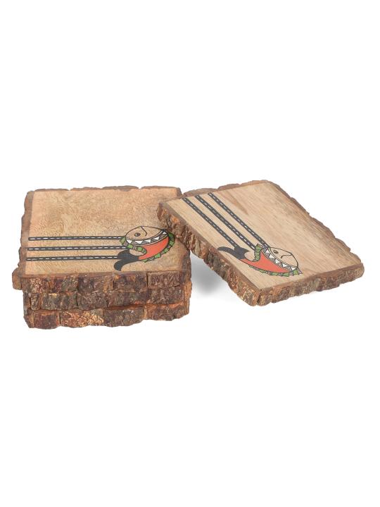Shilpkara 'Madhubani Fish Square' Coasters for Office in Mango Wood (Set of 4) - Tea Coasters for Dining Table Accessories for Home Coasters for Cups Wooden Costers Set Table Coasters for Glasses
