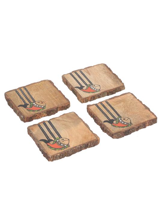 Shilpkara 'Madhubani Fish Square' Coasters for Office in Mango Wood (Set of 4) - Tea Coasters for Dining Table Accessories for Home Coasters for Cups Wooden Costers Set Table Coasters for Glasses