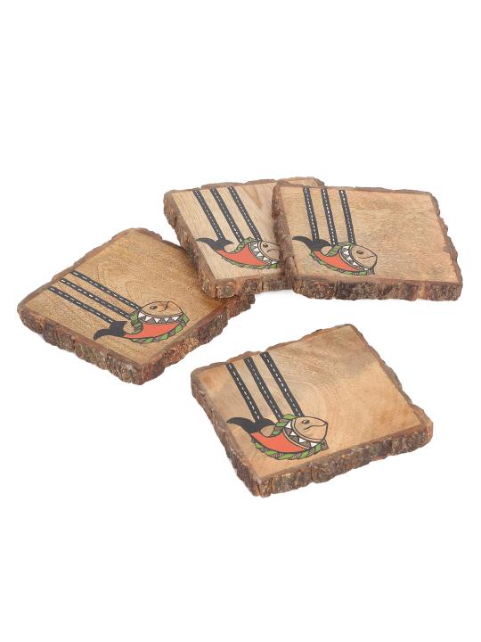 Shilpkara 'Madhubani Fish Square' Coasters for Office in Mango Wood (Set of 4) - Tea Coasters for Dining Table Accessories for Home Coasters for Cups Wooden Costers Set Table Coasters for Glasses