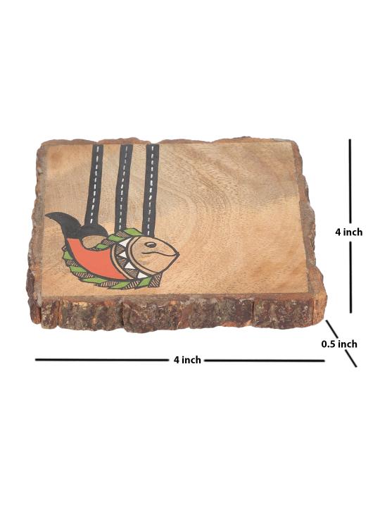 Shilpkara 'Madhubani Fish Square' Coasters for Office in Mango Wood (Set of 4) - Tea Coasters for Dining Table Accessories for Home Coasters for Cups Wooden Costers Set Table Coasters for Glasses