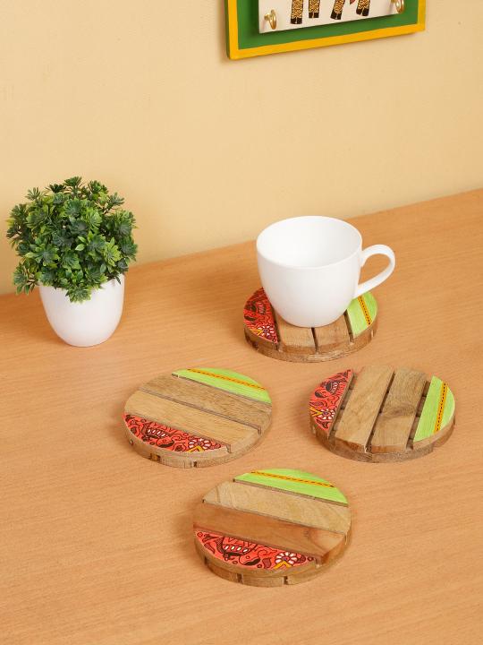 Shilpkara 'Madhubani Elephant' Round Coasters for Office in Rose Wood (Set of 4) - Tea Coasters for Dining Table Accessories for Home Coasters for Cups Wooden Costers Set Table Coasters for Glasses