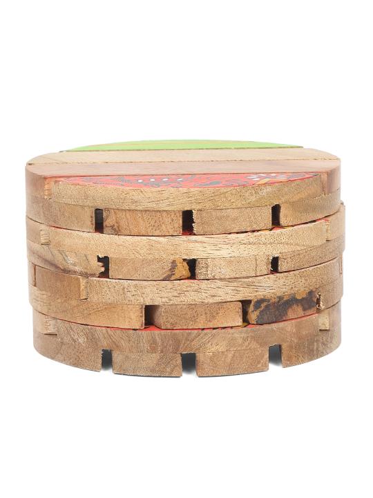 Shilpkara 'Madhubani Elephant' Round Coasters for Office in Rose Wood (Set of 4) - Tea Coasters for Dining Table Accessories for Home Coasters for Cups Wooden Costers Set Table Coasters for Glasses