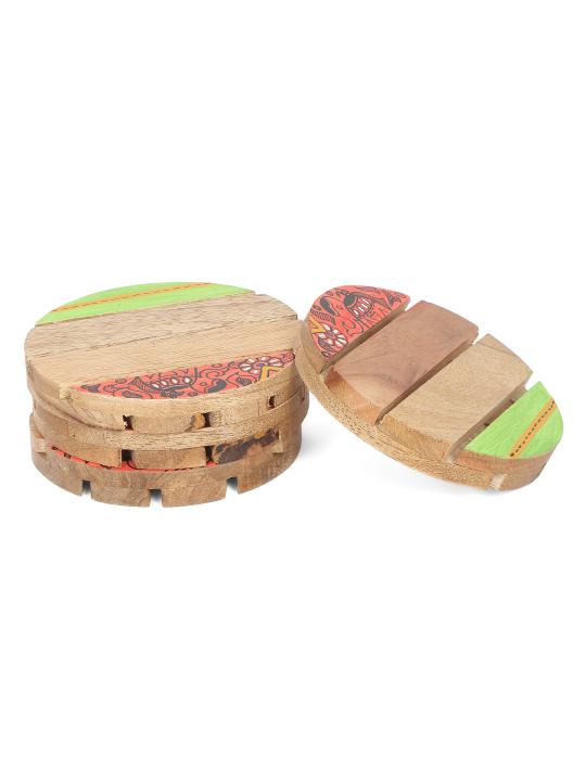 Shilpkara 'Madhubani Elephant' Round Coasters for Office in Rose Wood (Set of 4) - Tea Coasters for Dining Table Accessories for Home Coasters for Cups Wooden Costers Set Table Coasters for Glasses