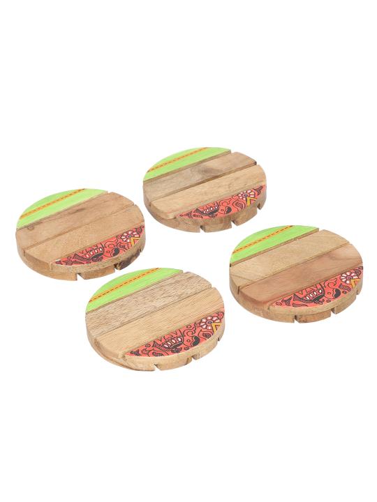 Shilpkara 'Madhubani Elephant' Round Coasters for Office in Rose Wood (Set of 4) - Tea Coasters for Dining Table Accessories for Home Coasters for Cups Wooden Costers Set Table Coasters for Glasses