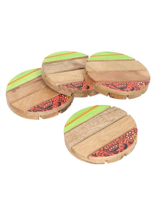 Shilpkara 'Madhubani Elephant' Round Coasters for Office in Rose Wood (Set of 4) - Tea Coasters for Dining Table Accessories for Home Coasters for Cups Wooden Costers Set Table Coasters for Glasses