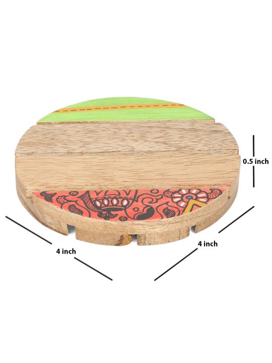 Shilpkara 'Madhubani Elephant' Round Coasters for Office in Rose Wood (Set of 4) - Tea Coasters for Dining Table Accessories for Home Coasters for Cups Wooden Costers Set Table Coasters for Glasses