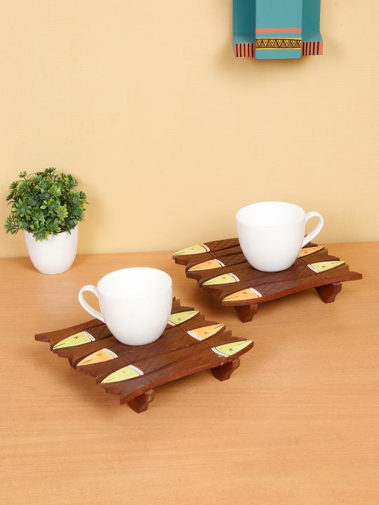 Shilpkara 'Tribal Fish' Wooden Coasters for Office in Rose Wood (Set of 2) - Tea Coasters for Dining Table Accessories for Home Coasters for Cups Wooden Costers Set Table Coasters for Glasses