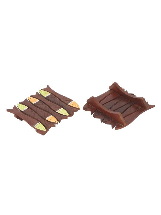 Shilpkara 'Tribal Fish' Wooden Coasters for Office in Rose Wood (Set of 2) - Tea Coasters for Dining Table Accessories for Home Coasters for Cups Wooden Costers Set Table Coasters for Glasses