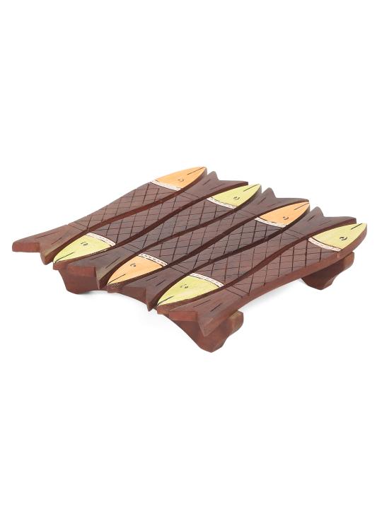 Shilpkara 'Tribal Fish' Wooden Coasters for Office in Rose Wood (Set of 2) - Tea Coasters for Dining Table Accessories for Home Coasters for Cups Wooden Costers Set Table Coasters for Glasses