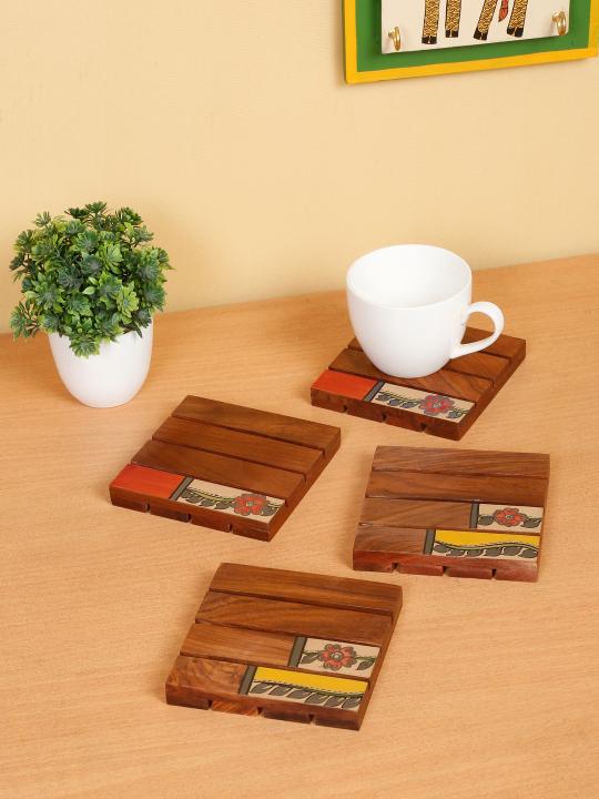 Shilpkara 'Tribal Leaf Shade' Wooden Coasters for Office in Rose Wood (Set of 4) - Tea Coasters for Dining Table Accessories for Home Coasters for Cups Wooden Costers Set Table Coasters for Glasses