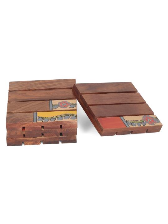 Shilpkara 'Tribal Leaf Shade' Wooden Coasters for Office in Rose Wood (Set of 4) - Tea Coasters for Dining Table Accessories for Home Coasters for Cups Wooden Costers Set Table Coasters for Glasses