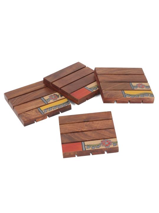 Shilpkara 'Tribal Leaf Shade' Wooden Coasters for Office in Rose Wood (Set of 4) - Tea Coasters for Dining Table Accessories for Home Coasters for Cups Wooden Costers Set Table Coasters for Glasses