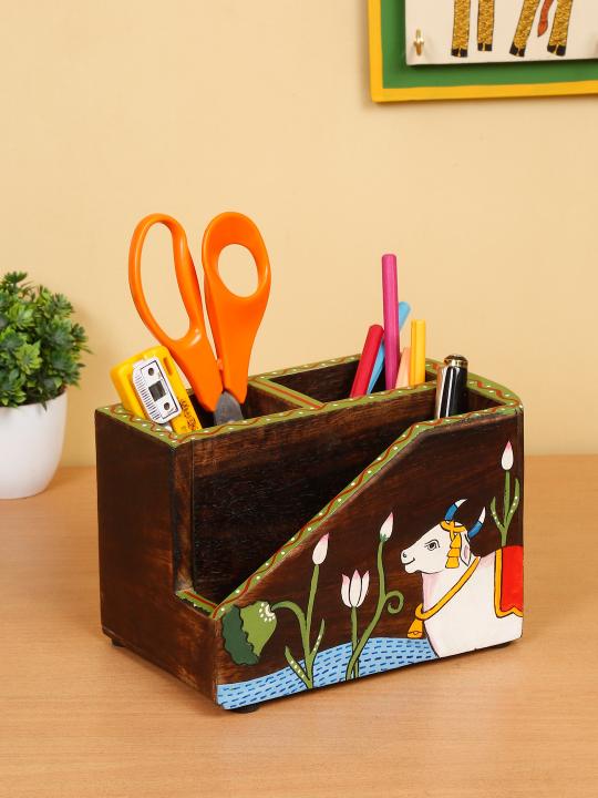 Shilpkara 'Pichhwai Dhenu' Wooden Cutlery & Napkin Holder (3 Compartments) - Cutlery Stand for Kitchen Dining Table Wooden Cutlery Spoon Stand Napkin Tissue Holder Kitchen Organiser Tableware
