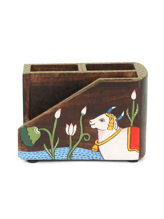 Shilpkara 'Pichhwai Dhenu' Wooden Cutlery & Napkin Holder (3 Compartments) - Cutlery Stand for Kitchen Dining Table Wooden Cutlery Spoon Stand Napkin Tissue Holder Kitchen Organiser Tableware