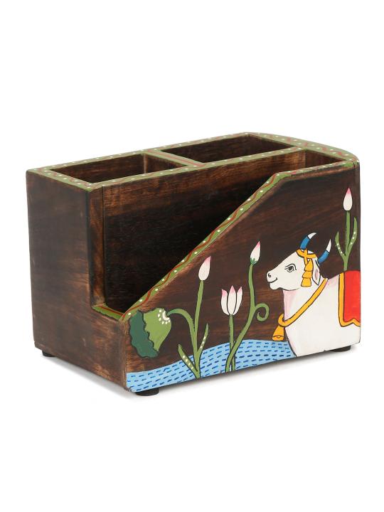 Shilpkara 'Pichhwai Dhenu' Wooden Cutlery & Napkin Holder (3 Compartments) - Cutlery Stand for Kitchen Dining Table Wooden Cutlery Spoon Stand Napkin Tissue Holder Kitchen Organiser Tableware