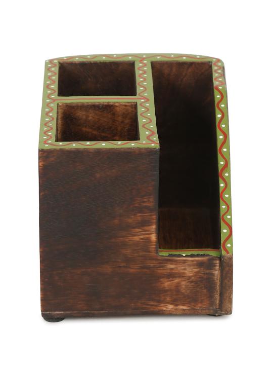 Shilpkara 'Pichhwai Dhenu' Wooden Cutlery & Napkin Holder (3 Compartments) - Cutlery Stand for Kitchen Dining Table Wooden Cutlery Spoon Stand Napkin Tissue Holder Kitchen Organiser Tableware
