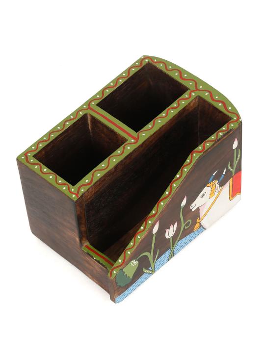 Shilpkara 'Pichhwai Dhenu' Wooden Cutlery & Napkin Holder (3 Compartments) - Cutlery Stand for Kitchen Dining Table Wooden Cutlery Spoon Stand Napkin Tissue Holder Kitchen Organiser Tableware