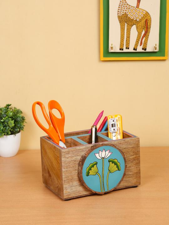 Shilpkara 'Pichhwai Iteeha' Wooden Cutlery & Napkin Holder (4 Compartments) - Cutlery Stand for Kitchen Dining Table Wooden Cutlery Spoon Stand Napkin Tissue Holder Kitchen Organiser Tableware