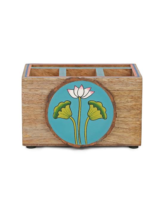 Shilpkara 'Pichhwai Iteeha' Wooden Cutlery & Napkin Holder (4 Compartments) - Cutlery Stand for Kitchen Dining Table Wooden Cutlery Spoon Stand Napkin Tissue Holder Kitchen Organiser Tableware