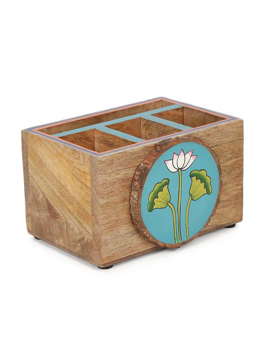 Shilpkara 'Pichhwai Iteeha' Wooden Cutlery & Napkin Holder (4 Compartments) - Cutlery Stand for Kitchen Dining Table Wooden Cutlery Spoon Stand Napkin Tissue Holder Kitchen Organiser Tableware