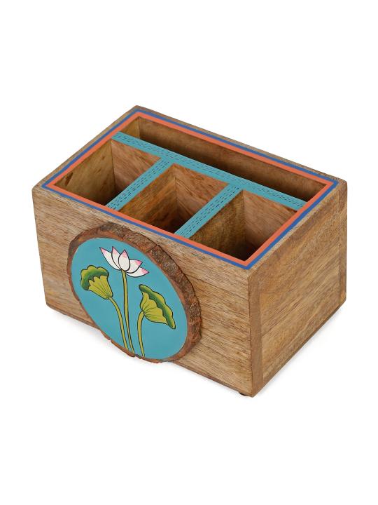 Shilpkara 'Pichhwai Iteeha' Wooden Cutlery & Napkin Holder (4 Compartments) - Cutlery Stand for Kitchen Dining Table Wooden Cutlery Spoon Stand Napkin Tissue Holder Kitchen Organiser Tableware