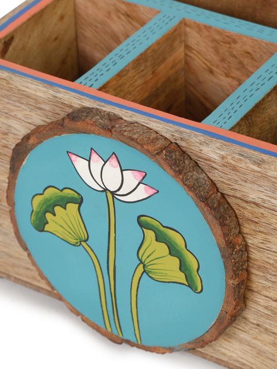 Shilpkara 'Pichhwai Iteeha' Wooden Cutlery & Napkin Holder (4 Compartments) - Cutlery Stand for Kitchen Dining Table Wooden Cutlery Spoon Stand Napkin Tissue Holder Kitchen Organiser Tableware