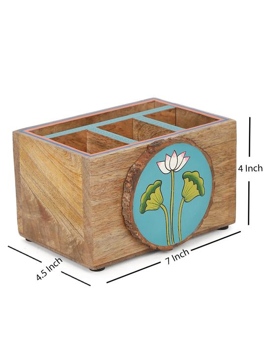 Shilpkara 'Pichhwai Iteeha' Wooden Cutlery & Napkin Holder (4 Compartments) - Cutlery Stand for Kitchen Dining Table Wooden Cutlery Spoon Stand Napkin Tissue Holder Kitchen Organiser Tableware
