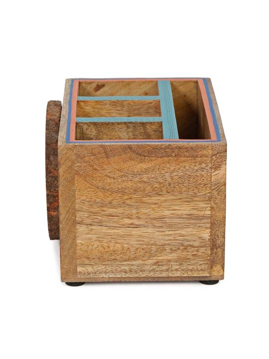 Shilpkara 'Pichhwai Iteeha' Wooden Cutlery & Napkin Holder (4 Compartments) - Cutlery Stand for Kitchen Dining Table Wooden Cutlery Spoon Stand Napkin Tissue Holder Kitchen Organiser Tableware