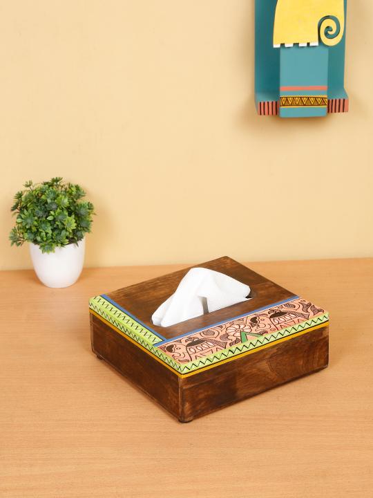 Shilpkara 'Happy Elephant' Handcrafted Madhubani Wooden Napkin Holder for Dining Table & Tissue Paper Holder in Mango Wood